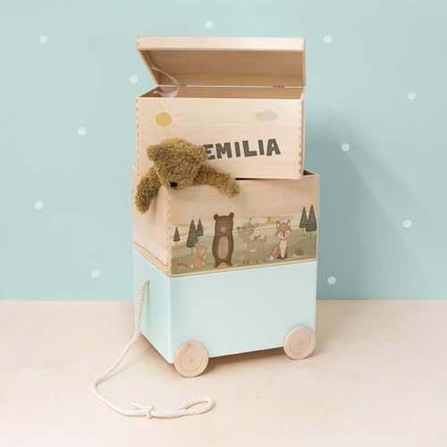 hellomini Personalisierte Spielzeugkiste aus Holz zur Aufbewahrung - Stapelkiste Holz - Spielzeugkiste Kinderzimmer - Personalisiertes Geschenk für Kinder (Waldtiere 3er)