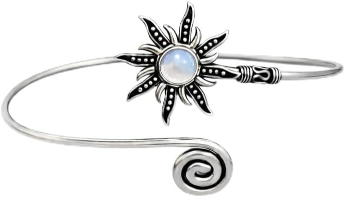 Silver Sunburst Arm Cuff, Gemstone Boho Upper Arm Bracelet, Spiral Arm Cuff, Gemstone Armlet, Sun Bohemian Jewelry Gift