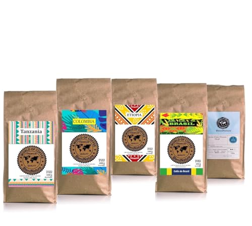 Kaffeepackung 4 x 250 g in Bohnen – Auswahl der besten Kaffees der Welt Arabicas + Brasilien Kolumbien Äthiopien und Uganda + Geschenkbox + Vintage-Tasse – Höchste Qualität, bestätigt durch die SCA