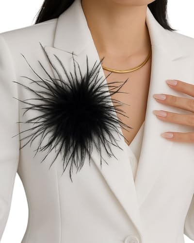 Baesics Federbrosche Damen Schwarz - Feder Brosche Anstecker Straußenfeder Fluffy | Ansteckblume Puschel Brosche zum Anstecken | Vintage für Hochzeit Braut Fasching Blazer Kleid