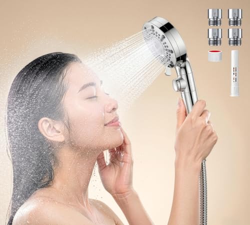 【1台2役・お風呂も掃除両用】KSYNIUシャワーヘッド マイクロナノバブル 高水圧 増圧 90%節水 塩素除去フィルター内蔵 浄水高洗浄力15倍アップ 5段階水流モード 高圧洗浄モード搭載 手元止水機能 ウルトラファインバブルシャワーヘッド 毛穴 汚れ除去 美容 頭皮ケア 保温 保湿 軽量 ゴムリングとパッキン付 水漏れ防止 4種類アダプター同梱 簡単取付 手持ち式シャワーバス用品の画像