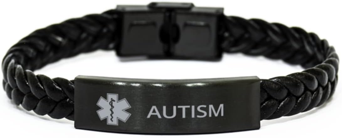 Medical Alert Braided Leather Bracelet, Autism Awareness, SOS Emergency Health Life Alert ID Engraved Stainless Steel Jewelry Silver Bracelet for Men Women Kis