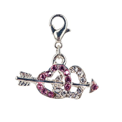 Gorgeous Sparkly Silver Colored Double Heart Pierced With Arrow Shaped Clip On Pendant Charm For Bracelets Bangles Studded With Pink And Clear Rhinestones Crystals By VAGA