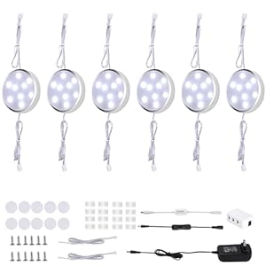 LED Under Cabinet Lighting Kit,6 Pack Linkable Puck Lights with Touch Dimmer,Wired Plug in Under Counter Lighting for Curio Bar, Kitchen, Cupboard,Bookcase,Closet Furniture (6000K Daywhite)