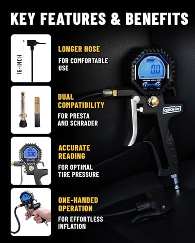 Presta Valve Adapter for Air Compressor — Digital Bike Tire Pressure Gauge with Inflator – Schrader to Presta Valve Air Chuck Compressor Attachment - 3