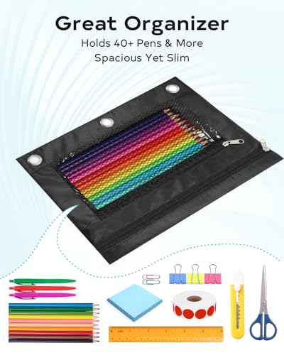 Image of Pencil Pouch for 3 Ring Binder - 3 Hole Zipper Pen Case Bag Holder Bulk Accessories Clear Window Aesthetic Organizer Pockets