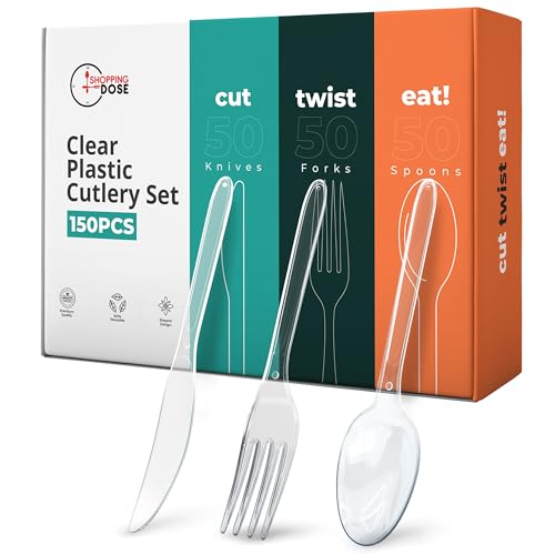 150-Pack Clear Plastic Cutlery Set – Heavy Duty Reusable Plastic Spoons, Knives and Forks Set (50 Each) – Strong, Washable Party Cutlery for Weddings, Catering, BBQs & Events