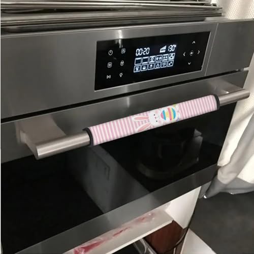 Image of Easter Decorations Fridge Door Handle Covers Set of 6 Kitchen Appliance Decor Handles Glove Anti-Slip Protectors Refrigerator Accessories, Rabbit Easter Egg Pink White Stripes Pattern