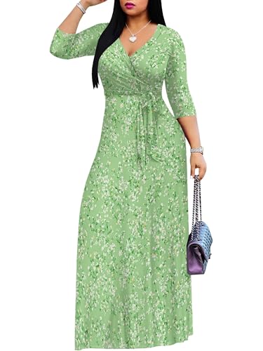 Image of Women's V Neck Floral Maxi Dress 3 /4 Sleeve Plus Size Boho Wrap Flowy Long Dresses with Belt