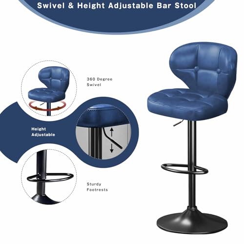 Image of Bar Stools Set of 4, Adjustable Swivel Bar Chairs with Backrest and Footrest, Modern PU Leather Upholstered Counter Height Stools for Kitchen Island, Bar, Dining Room Blue