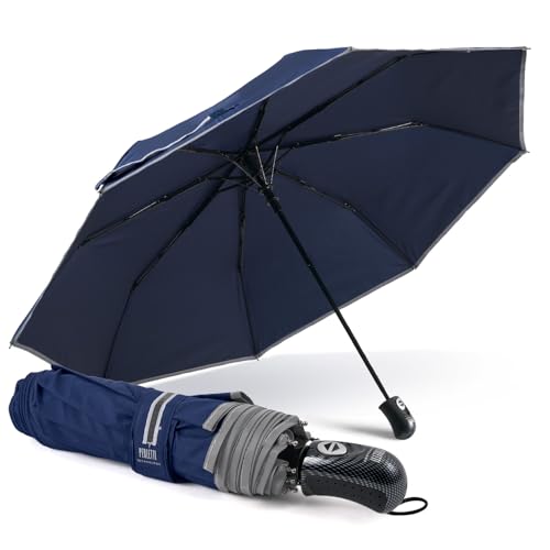 PERLETTI Ombrello Uomo Pieghevole Apri Chiudi Automatico - Tessuto Microfibra Bordino Riflettente di Sicurezza - Ombrello Antivento Resistente Compatto Robusto - Diametro 104 cm (Apri Chiudi Blu)
