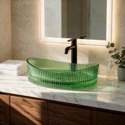 Image of Backline Glass Basin | Table Top Wash Basin | Glass Countertop Bathroom Sink with Ribbed Design | 50 x 37 x 14 cm (5 Years Warranty)
