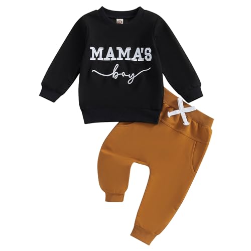 FOCUSNORM Toddler Baby Boy Fall outfit Mama's Boy Letter Embroidery Sweatshirt Top Elastic Pants Set Cute 2pcs Winter Clothes (Black, 0-6 Months)