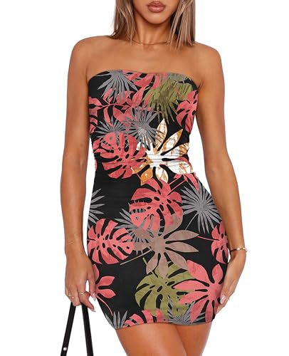 Image of OFEEFAN Summer Dresses for Women 2025 Strapless Ruched Party Club Bodycon Mini Dress