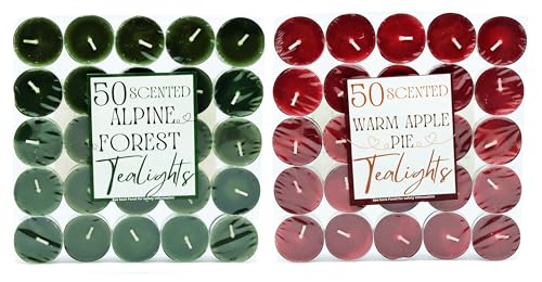 Europe Centre - 100pk Tea Light Candles 50pc Alpine Forest & 50pc Warm Apple Pie, Scented Tea Lights, Long-Lasting Tealights, Relaxation, Romantic Dinners, Weddings, Festive Decor, Cosy Evenings