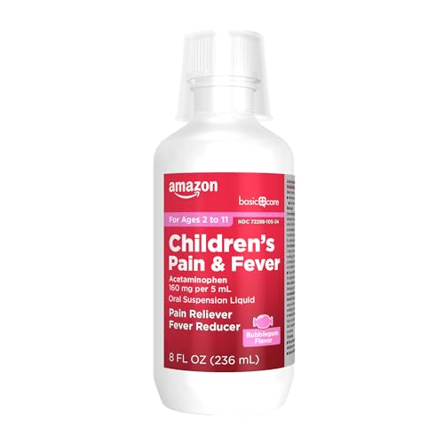 Image of Amazon Basic Care Children's Pain and Fever Oral Suspension Liquid, Pain Reliever, Fever Reducer, Acetaminophen 160 mg per 5 mL, Bubblegum Flavor, 8 fl oz