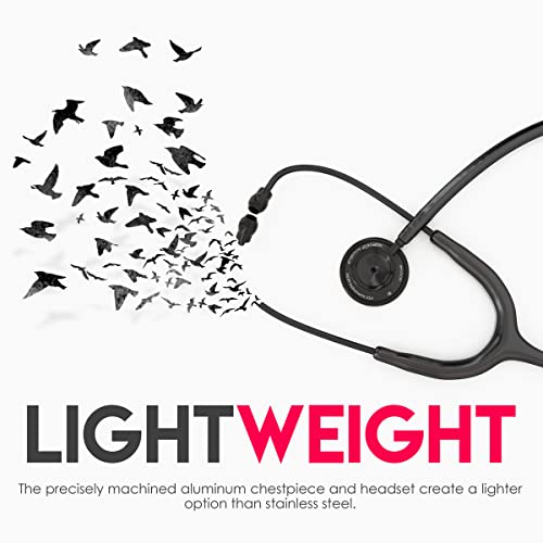 Image of MDF Instruments, Engravable - Acoustica Lightweight Custom Stethoscope for Doctors, Nurses, Students, Home Health Use, Adult, Dual Head, Black Tube, Black Chestpiece-Headset, MDF747XPBO-ENGRAVING | Dual Head, rotating chestpiece, Lifetime warranty, Free-Parts-for-Life, Latex-free, For doctors, nurses, students home health