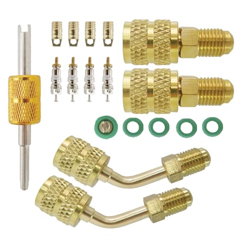 Kit adaptador mejorado R410A para mini split, paquete de 6 piezas: adaptador HVAC para conector de refrigerante, puerto de carga y vacío, convertidor con casquillo, de 5/16 a 1/4 pulgada, extractor de núcleo de válvula para acondicionadores de aire