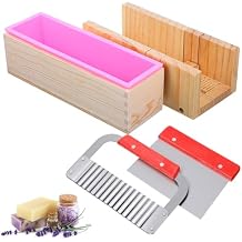 42oz Loaf Soap Making Supplies Kit, Included Adjustable Wooden Cutting Box + Rectangular Loaf with Wooden Box, Stainless Steel Wavy+Straight Cutter , Silicone for DIY Soap Making