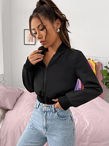 Wdirara Women's Solid Zip Up Long Sleeve Bomber Jacket Cropped Lightweight Jackets Black M #TOP4