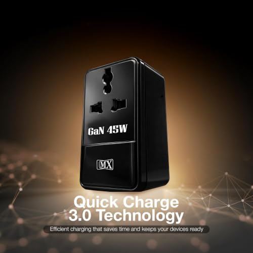 Image of MX 45W Universal Travel Adapter with Dual USB C PD Ports, GaN Fast Charger, UK Plug Universal Socket, International Plug Adapter for Laptop, MacBook, iPhone, Samsung Galaxy, iPad, Tablet - Black