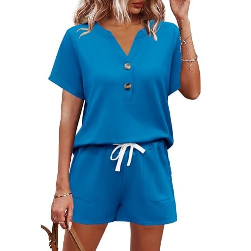 AKEWEI Womens Two Piece Outfits Summer Lounge Sets Tracksuit V Neck Buttons Down Tops and Shorts Set with Pockets Blue Large