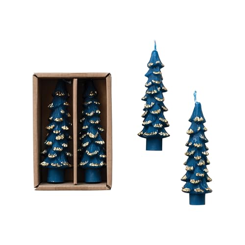 Creative Co-Op Unscented Textured Tree Shaped Taper Candles with Gold Tips in Box, Blue, Set of 2