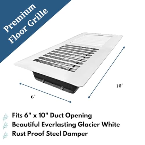 Image of 6 inch x 10 inch White Floor Register 2 Way - Stamped Face Steel Vent Cover, HVAC Floor Grille for AC Heat, Fits 6x10 Duct Opening, Heavy Duty Metal Register