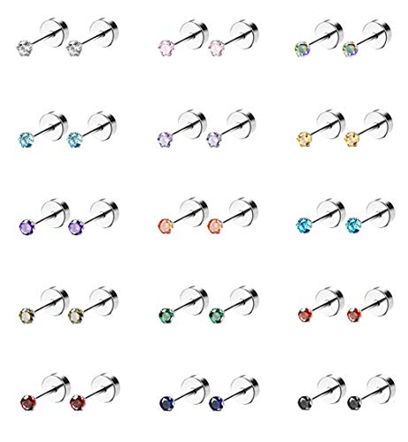 15 Pairs 20G 316L Stainless Steel CZ Stud Earrings for Women Men Cartilage Screwback Earring Set 2-6mm
