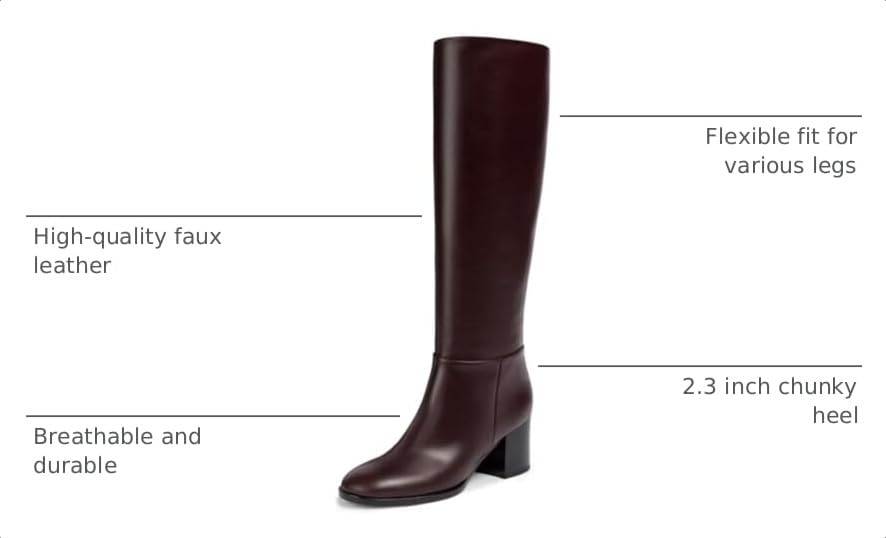 Image of Women's Knee High Boots Faux Leather Square To Tall Boots Fashion Chunky Block Heel Long Boots with Side Zip