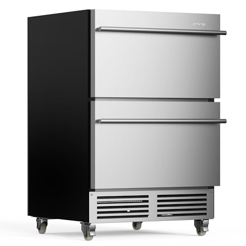 Image of Upstreman 24 Inch Under Counter Double Drawer Refrigerator, Waterproof Stainless Steel Outdoor Refrigerator, Grid Organizers, LED Light, Built-in or Freestanding Beverage Fridge for Home/Patio -BR50D