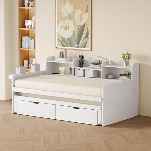 REXO Sofá cama 90 x 200, cama nido 90 x 190 cm, con dos cajones, gran compartimento de almacenamiento y cesta de almacenamiento, enchufe USB, cama individual de madera, color blanco - imagen 4