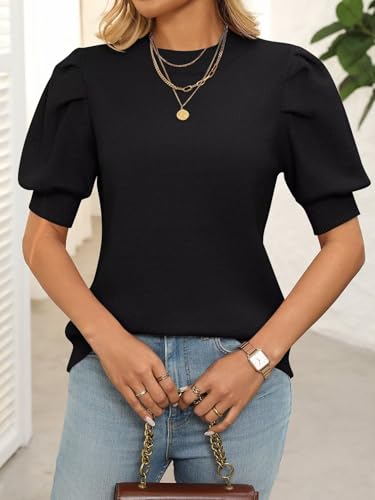Image of Ahtyeo Women's Puff Short Sleeve Sweater Tops 2025 Spring Summer Trendy Crew Neck Casual T Shirts Pullover Blouses