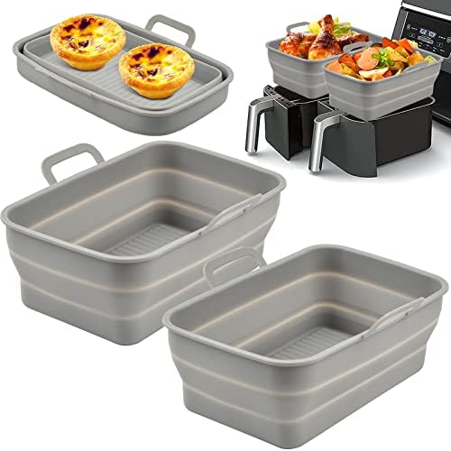 Pipihome 2Pcs New Upgrade Collapsible Silicone Pot for Ninjas Dual Air Fryer, Foldable Silicone Double Air Fryer Liners Basket, Air Fryer Rack Accessories for Air Fryer, Oven and Microwave (A-Black)
