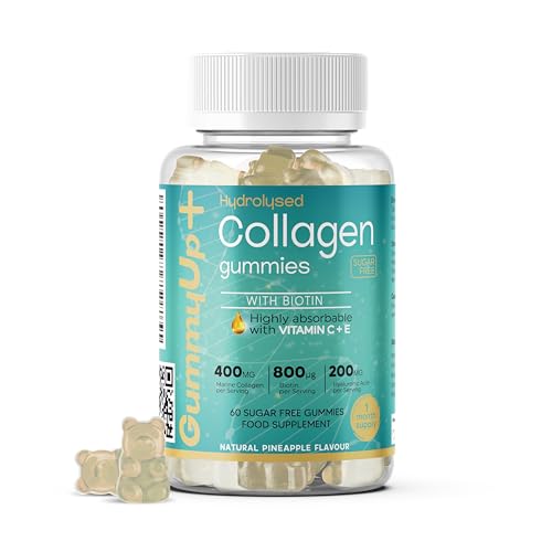 Hydrolysed Collagen Gummies with Biotin + Oral Hyaluronic Acid | Highly Absorbable with Vitamin C+E | 60 Sugar Free Natural Pineapple Flavoured Gummies