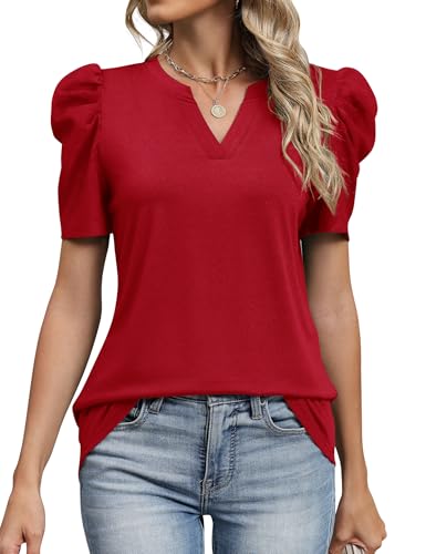 Image of LOMON Spring Summer Tops for Women 2026 V Neck Puff Short Sleeve Tops Fashion Trendy Work Blouses Dressy Casual S-XXL