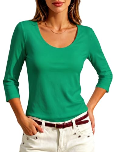 Image of Meetrendi Women's 3 /4 Sleeve Scoop Neck T-Shirt Cotton Blend Slim Fit Basic Tee Casual Spring Top 2026