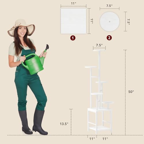 Image of Homsorout Plant Stand Indoor with Grow Light, 6-Tiered Tall Plant Stand Indoor, Metal Plant Shelf with Hanging Basket Hook and Adjustable Light, Ideal for Living Room, Garden, Round Patio white