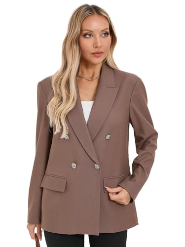 Women's Oversized Blazer Jacket - Double Breasted Boyfriend Style Professional Business Suit with Pockets for Work Office Casual Outfits, Fully Lined (S,Brown)