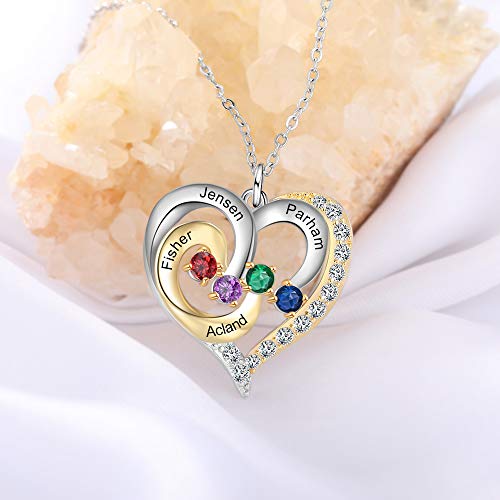 18K Gold Over Silver Birthstone Heart Shaped Engraved Necklace With 4 Birthstones, 4 Engraved Names Personalized Women Jewelry Engraved Child Names Mothers Necklace Gift For Her Mom Sister Grandma #TOP5