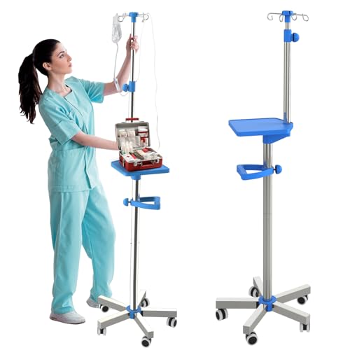 Rolling IV Pole with Tray - Stainless Steel 4 Hooks IV Stand with Wheels Height Adjustable for Clinic Home Care