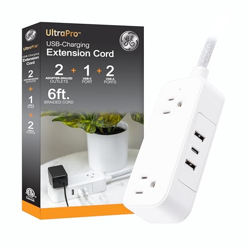 GE Flat Plug Power Strip Extension Cord with USB Ports Travel Power Strip with 2 Outlets 3 USB Ports Cruise Ship Essentials 6 Ft Braided Small Extension Cord Flat Wall Plug ETL Listed White 81597