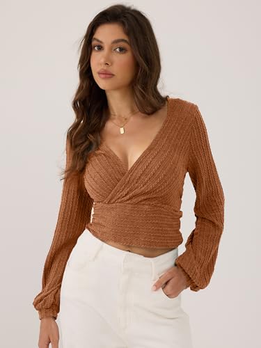 ZAFUL Women's Pullover Ribbed Cropped Knitwear Drawstring Ruched Knitted Crop Top Solid V-Neck Long Sleeve T-Shirt3