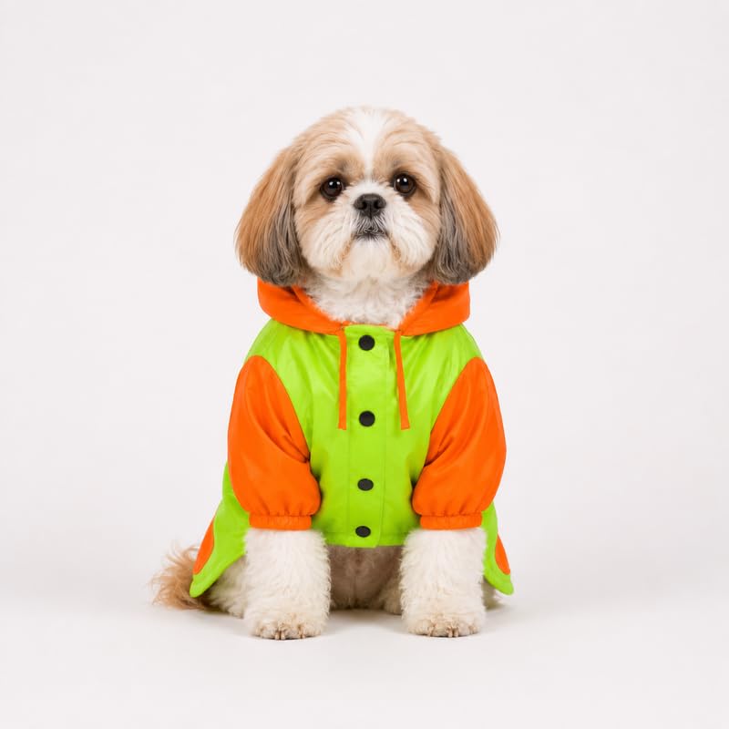 Image of Thunder Tails Dog Raincoat Waterproof Jacket for Dogs with Hood | Double Layer Water Resistant Polyester, Adjustable Fit, Snap Button Closure, Lightweight Pet Rain Wear (Green /Orange, L)
