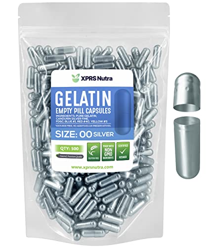 Image of XPRS Nutra Size 00 Empty Capsules - 500 Count Empty Gelatin Capsules - Pill DIY Capsule Filling - Fillable Pills Gel Caps for DIY Supplements (Silver)
