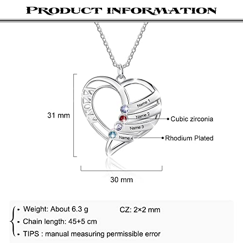 Personalized Mothers Heart Name Necklace With 1-6 Names For Mom Customized Heart Pendant Mother Necklaces With Simulated Birthstone For Family For Mom (4 Names) #TOP2