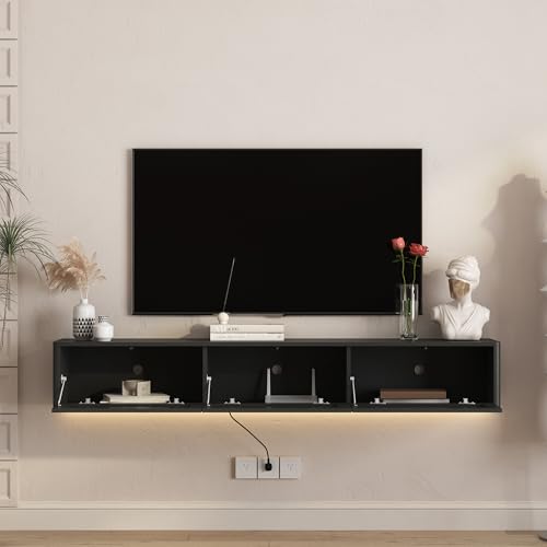KEIKI 69" Wall Mounted TV Cabinet, Floating Wood TV Stand with LED Lights, Storage & Power Outlet, Modern Media Console for 55–65" TVs, Living Room, Black by KEIKI - Image 5