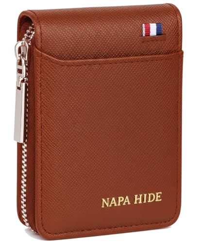 Image of NAPA HIDE Slim Zipper Card Holder Wallet for Men & Women | RFID Blocking Accordion Credit Card Case | Compact Cash & Card Organizer with Smooth Metal Zip (TAN)