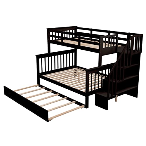 Goohome Twin-Over-Full Bunk Bed With Twin Size Trundle And 3 Storage Stairs, Sturdy Solid Wood Trundle Bunk Bed Frame W/Guardrails And Ladder, Built-In Slats, For Adults Kids Teens, No Noise #TOP4