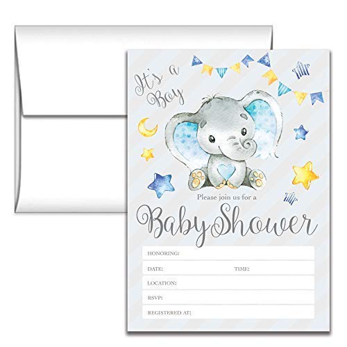Zaproszenia na baby shower ze słoniem - szare i niebieskie zaproszenia na przyjęcie dla chłopca